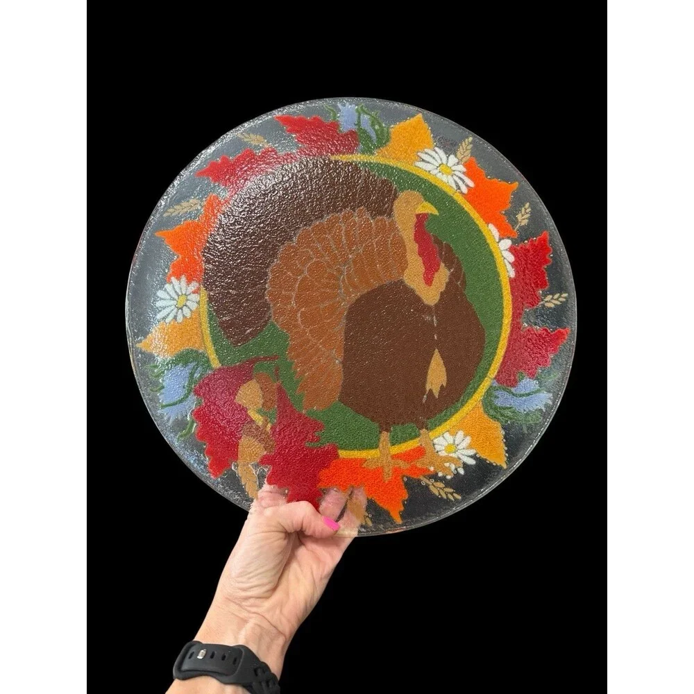 Signed Retired PEGGY KARR  14” Turkey Leaves Autumn Thanksgiving Round Platter